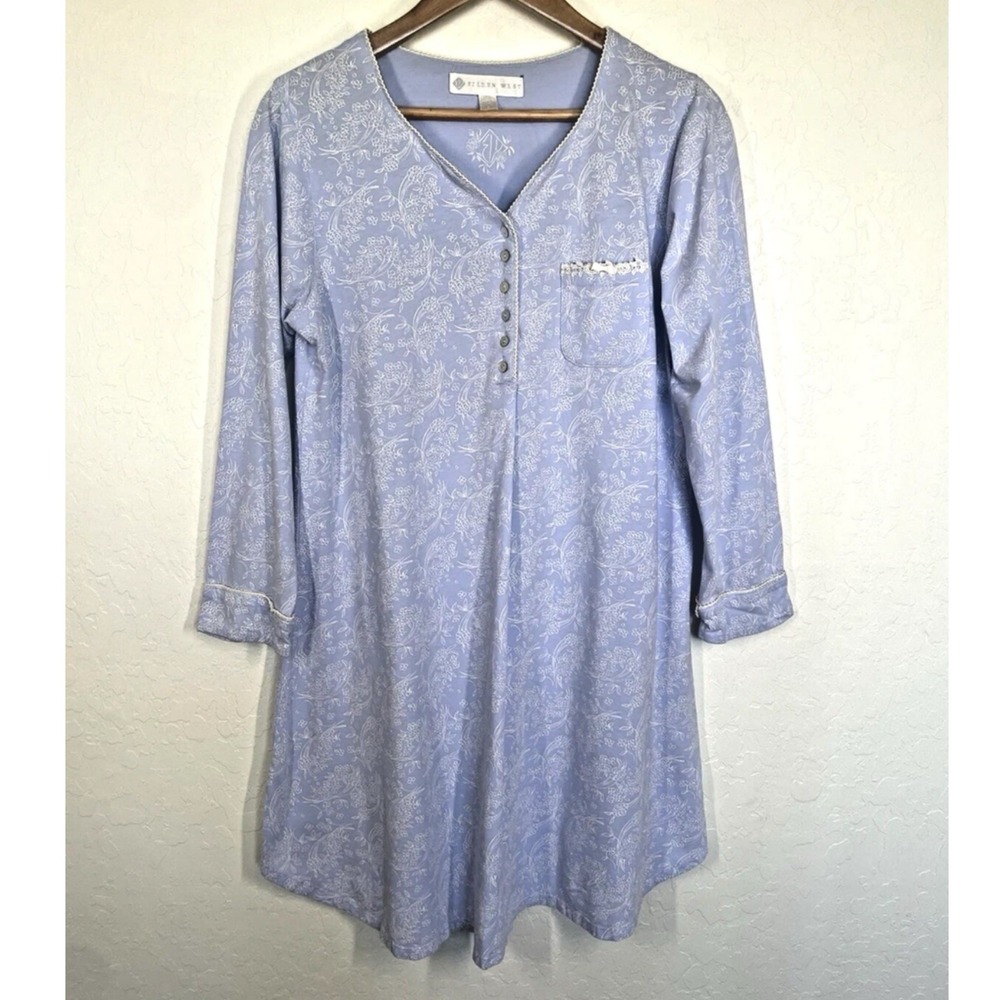 Eileen West Powder Blue 100% Cotton Nightgown S Floral Long Sleeve Lightweight